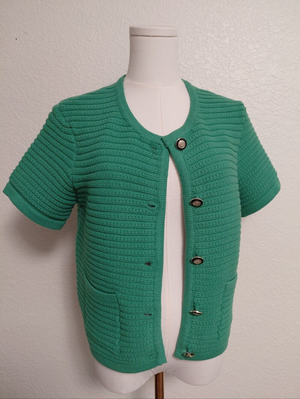Joie Green Textured Knit Short Sleeve Cardigan Gold Buttons S